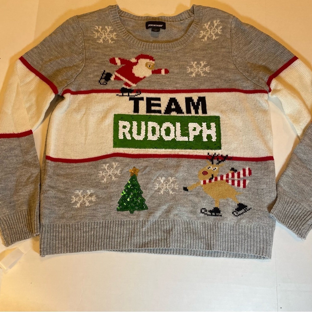 Ugly Christmas Sweater Changing Sequin Logo Team Santa Rudolph MEDIUM. Pre-owned